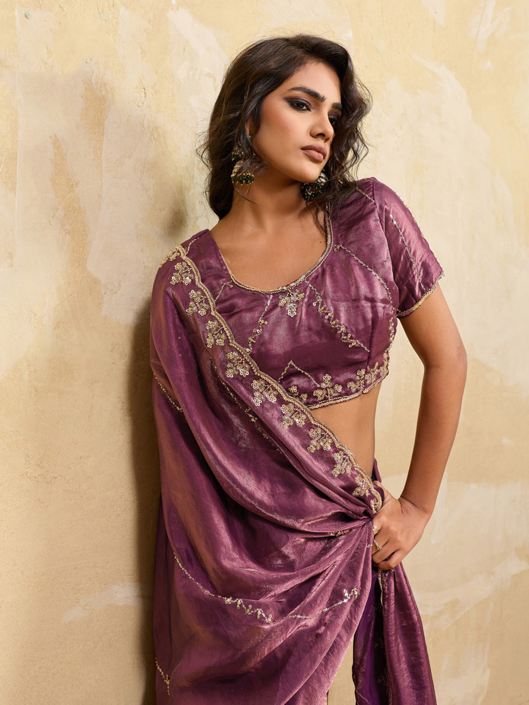Embroidered Satin Velvet Saree