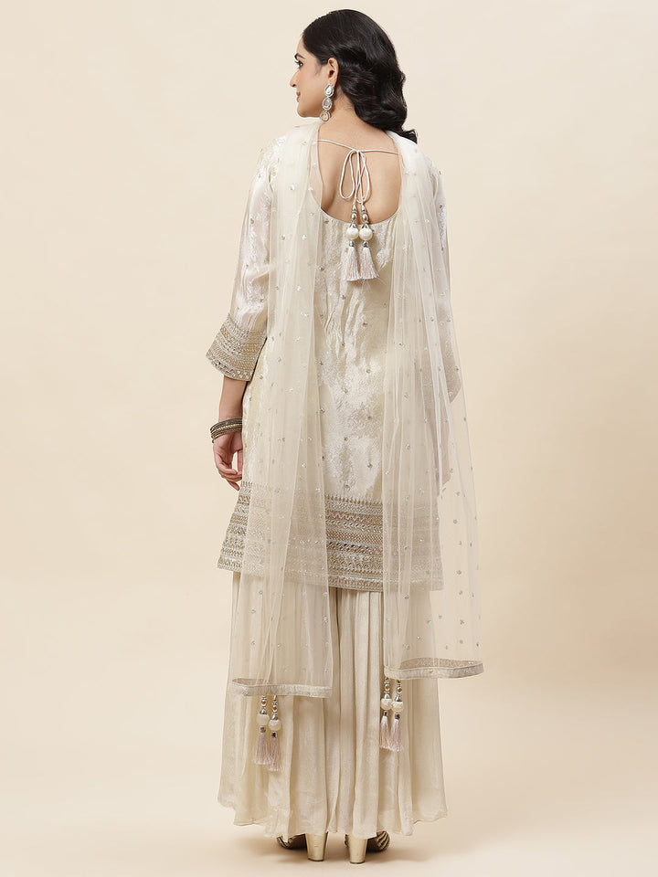 Sequin Embroidered Crepe Kurta With Garara &amp; Dupatta