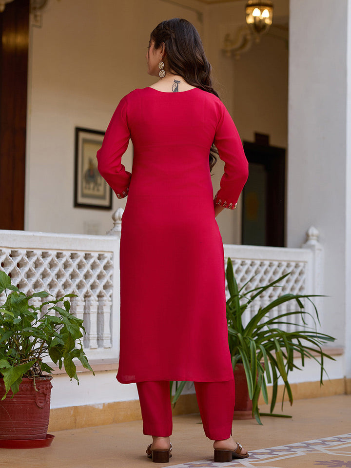 Neck Zari Embroidered Cotton Blend Kurta With Pants &amp; Dupatta