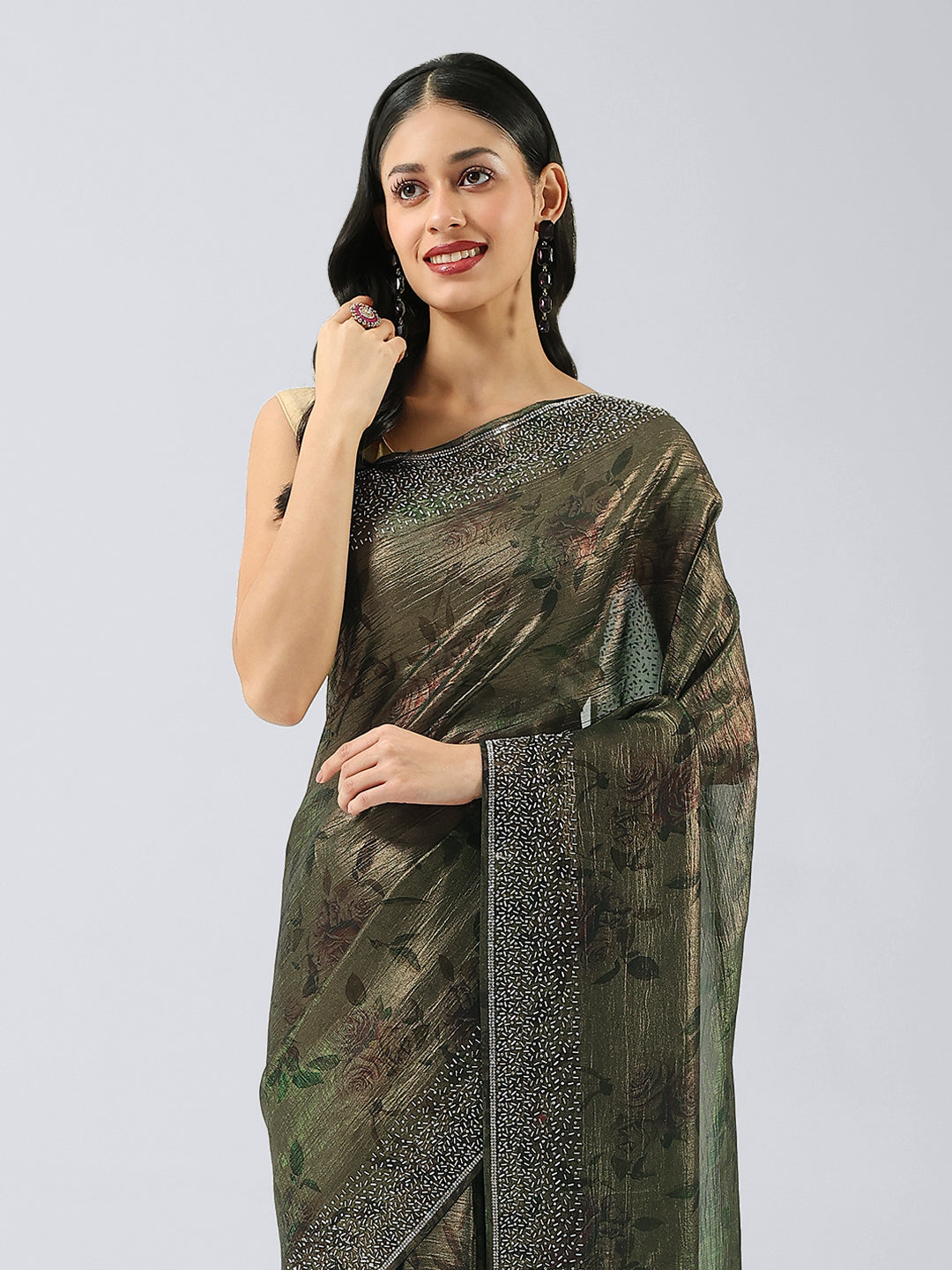Printed &amp; Stone Border Chiffon Saree