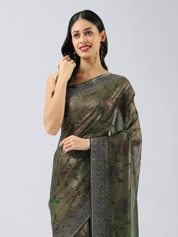 Printed &amp; Stone Border Chiffon Saree