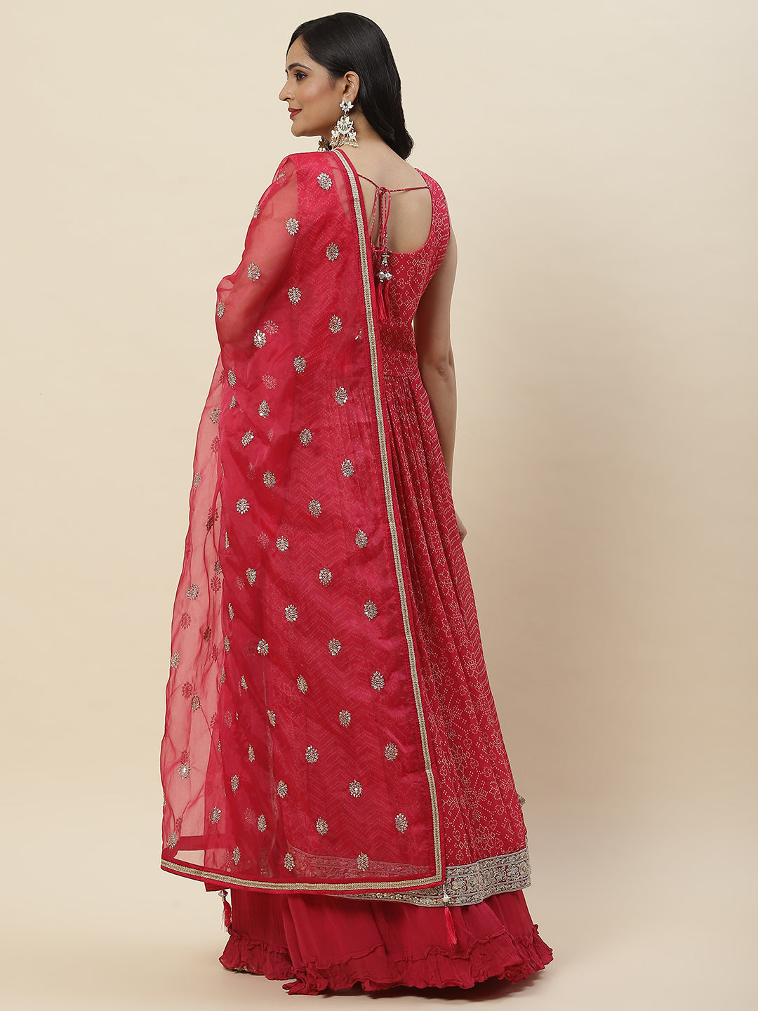 Bandhani Printed Georgette Long Kurta With Skirt &amp; Dupatta