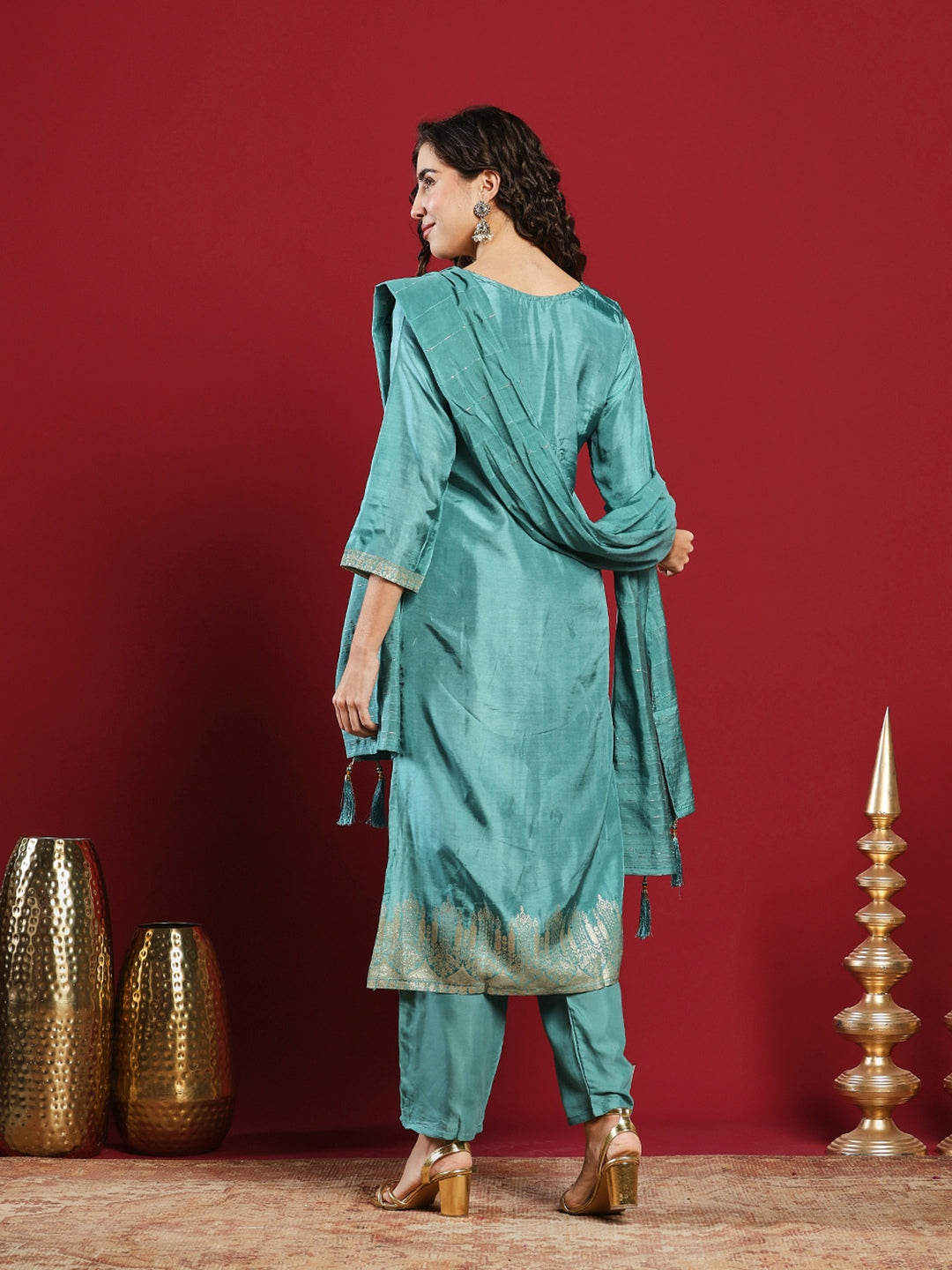 Embroidered Cotton Kurta With Pant &amp; Dupatta