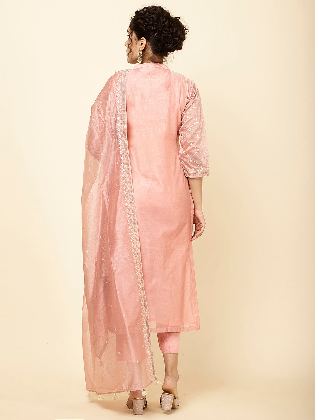 Embroidered Chanderi Kurta With Pants &amp; Dupatta