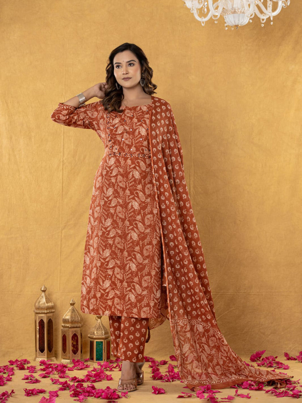 Orange Embroidered Cotton Blend Straight Suit Set With Dupatta