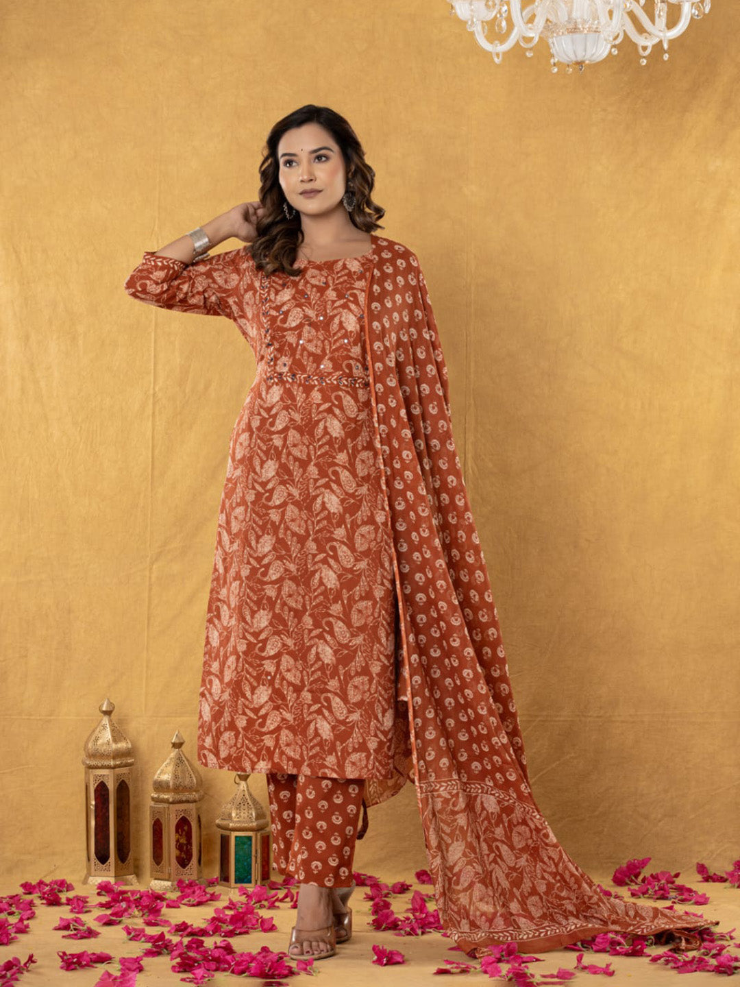 Orange Embroidered Cotton Blend Straight Suit Set With Dupatta