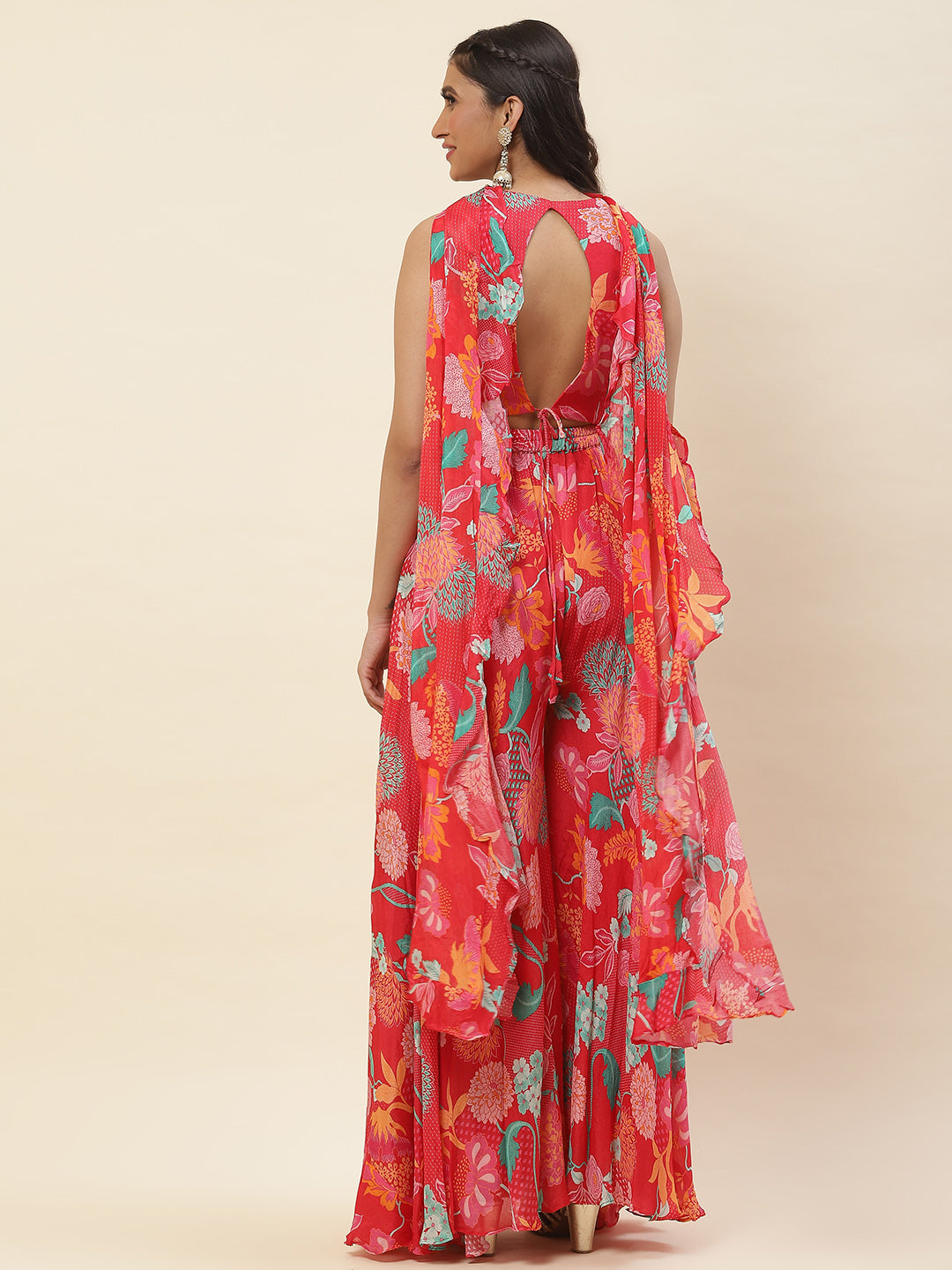 Floral Printed Crepe Crop Top With Palazzo &amp; Dupatta