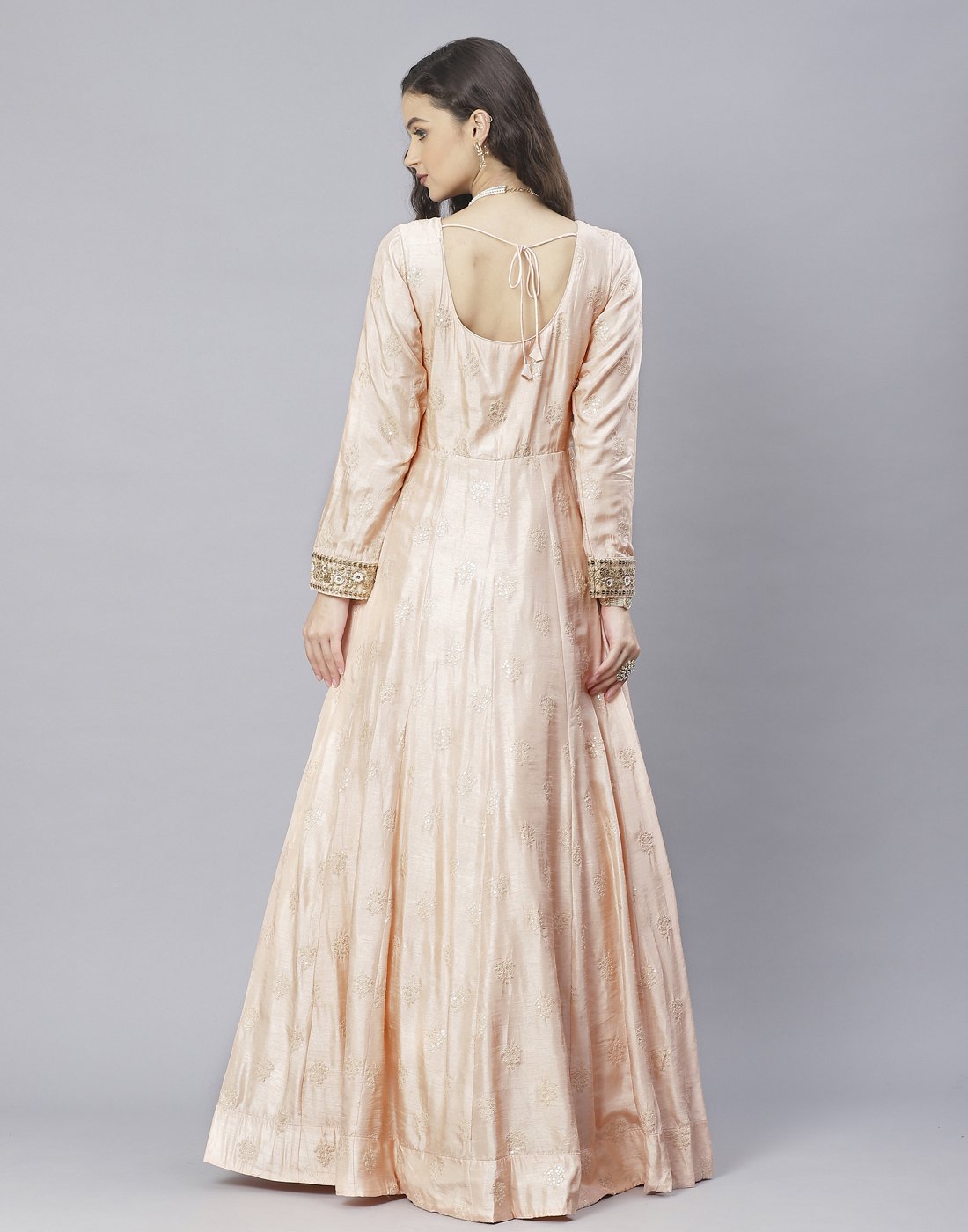 Peach, Sky Blue and Yellow Cotton Chanderi Anarkali Salwar Kameez