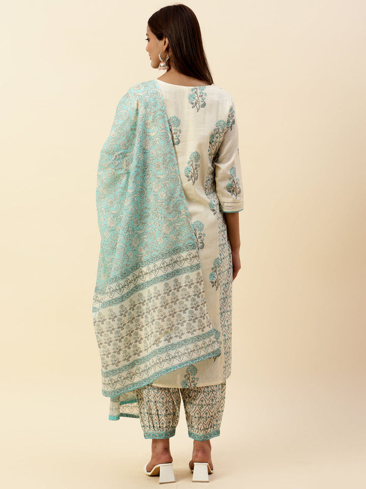 Printed Cotton Kurta With Pants &amp; Dupatta