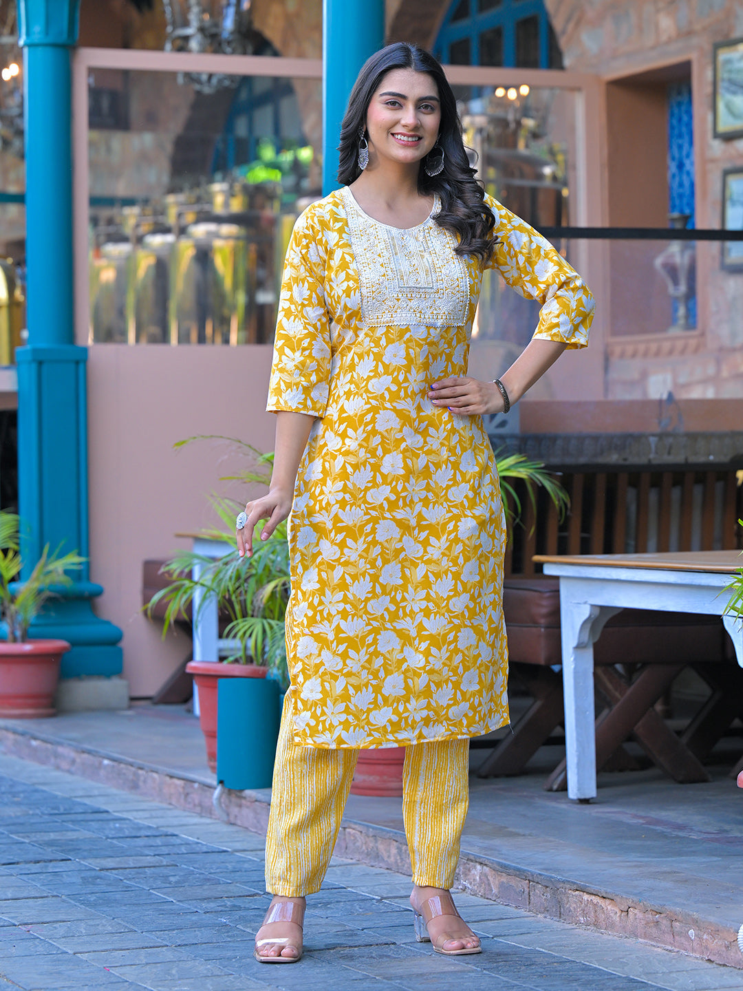 Floral Printed Cotton Kurta With Pants &amp; Dupatta