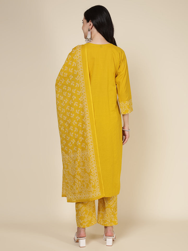 Embroidered Cotton Blend Kurta With Pants &amp; Dupatta