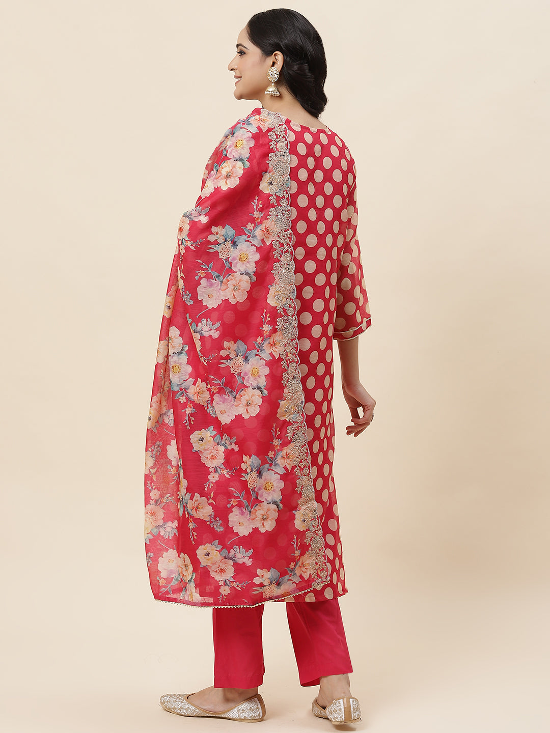 Polka Dot Printed Chanderi Kurta With Pants &amp; Dupatta