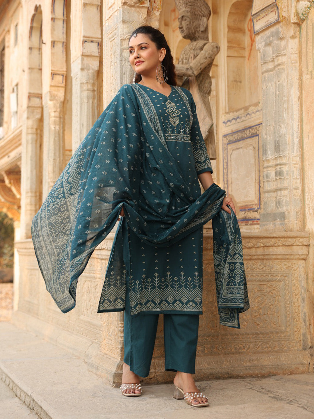 Navy Blue Cotton Blend Printed Straight Suit Set