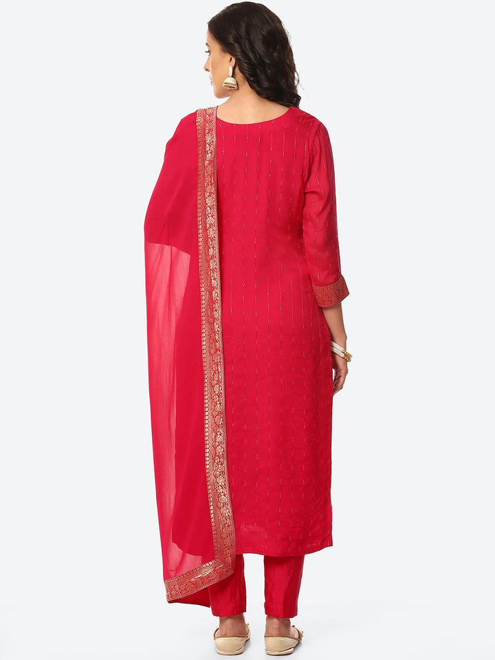 Zari Neck Embroidered Booti Border Kurta With Pant &amp; Dupatta