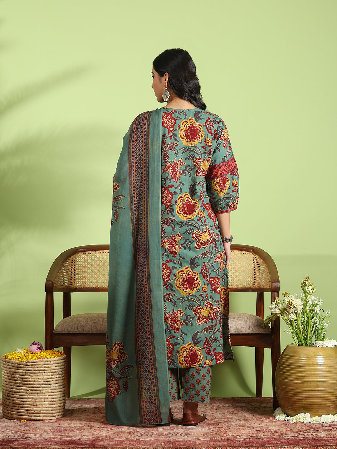 Printed Cotton Kurta With Pant &amp; Dupatta