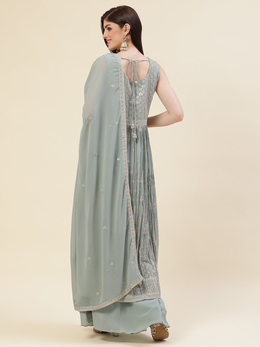 Sequin Embroidered Georgette Kurta With Palazzo &amp; Dupatta