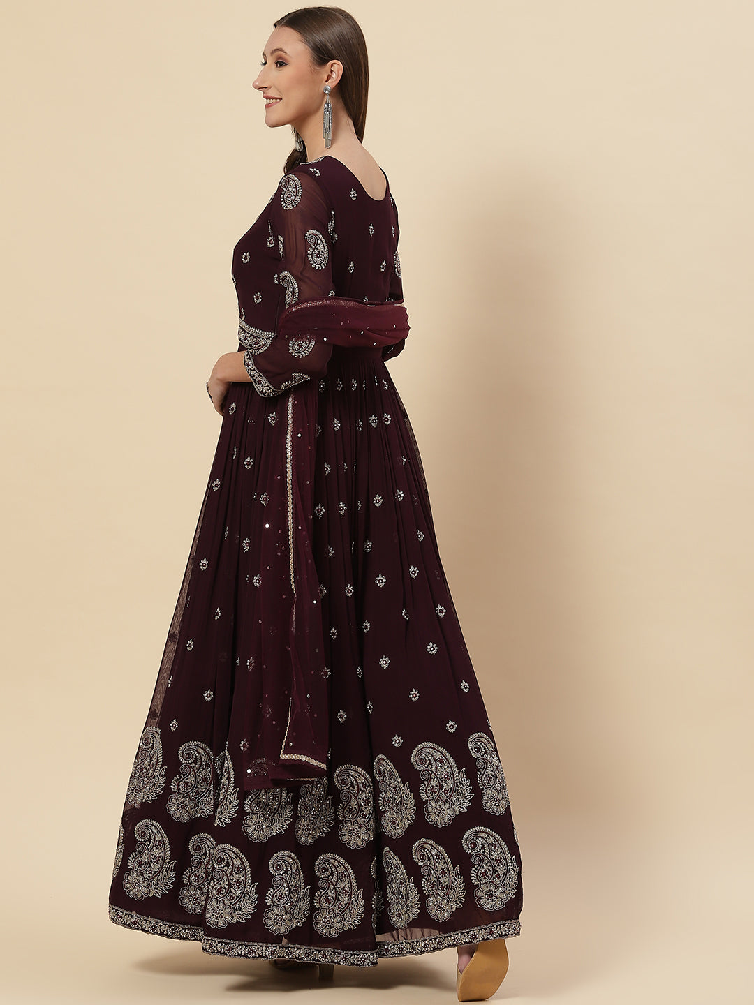 Resham Zari Embroidered Georgette Anarkali Kurta With Churidar &amp; Dupatta
