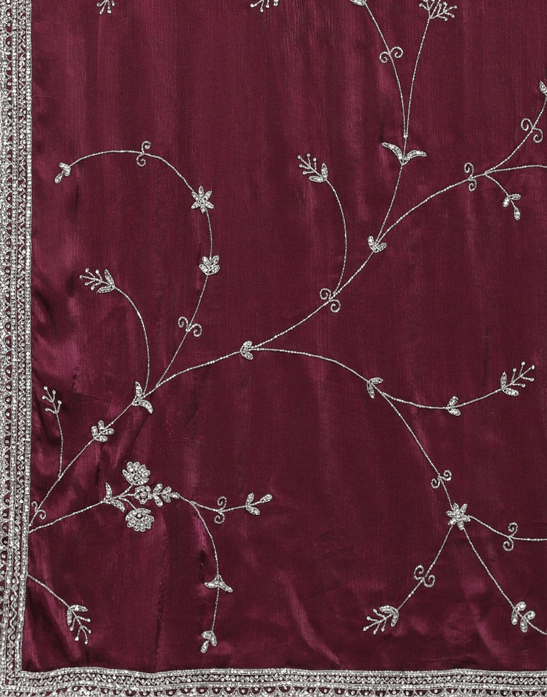 Embroidered Satin Saree With Stone Work
