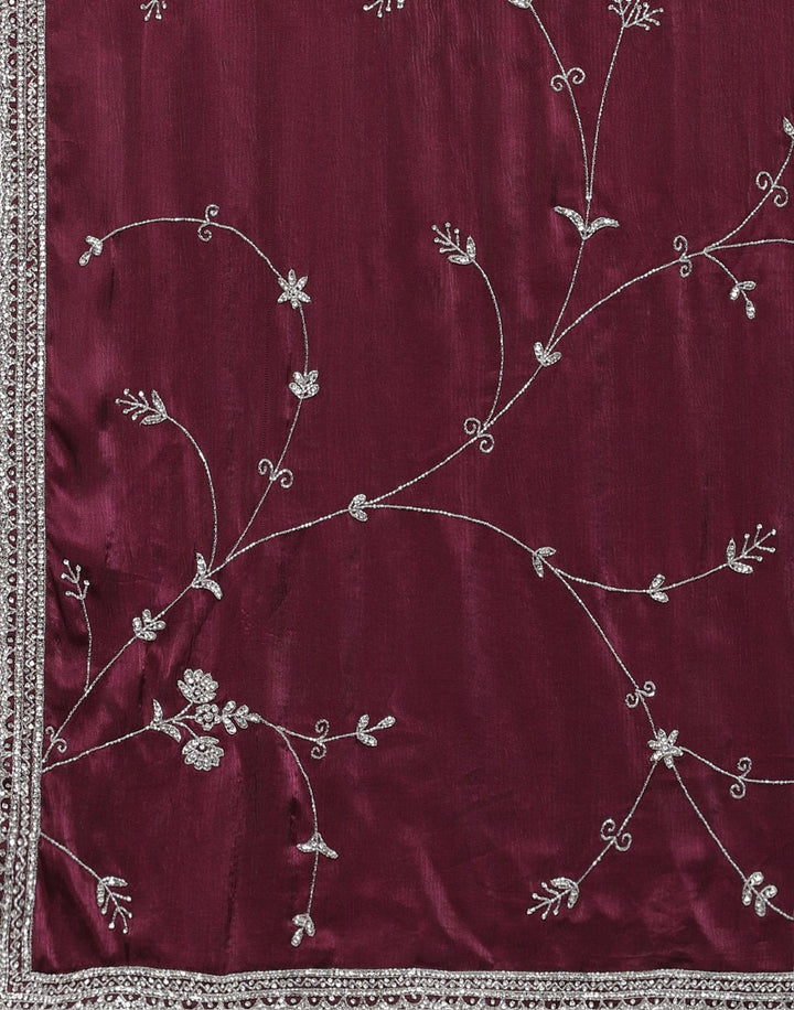 Embroidered Satin Saree With Stone Work