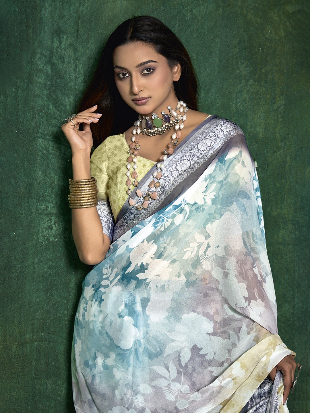Ombre Floral Printed Georgette Saree