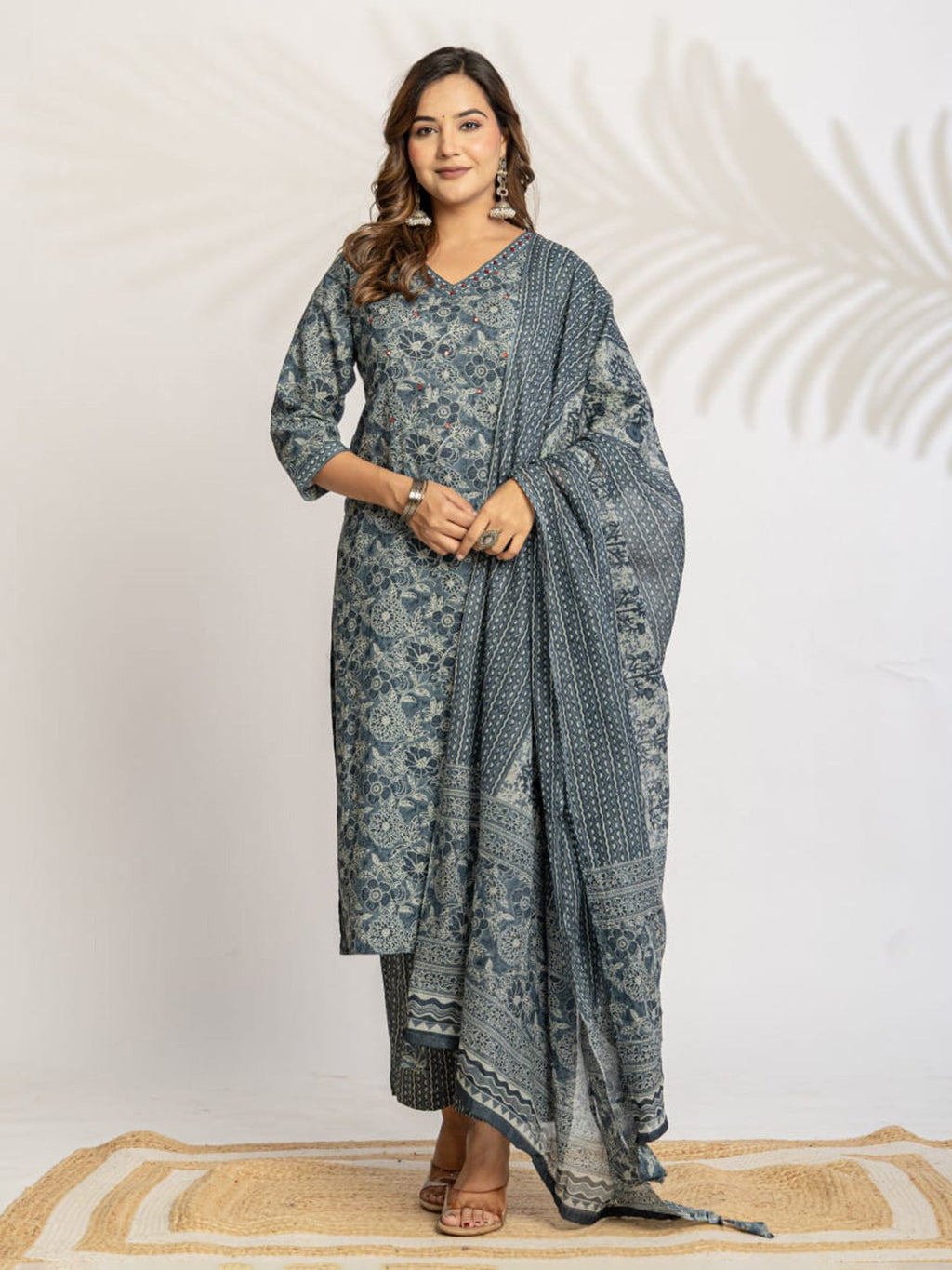 Grey Embroidered Cotton Blend Straight Suit Set With Dupatta