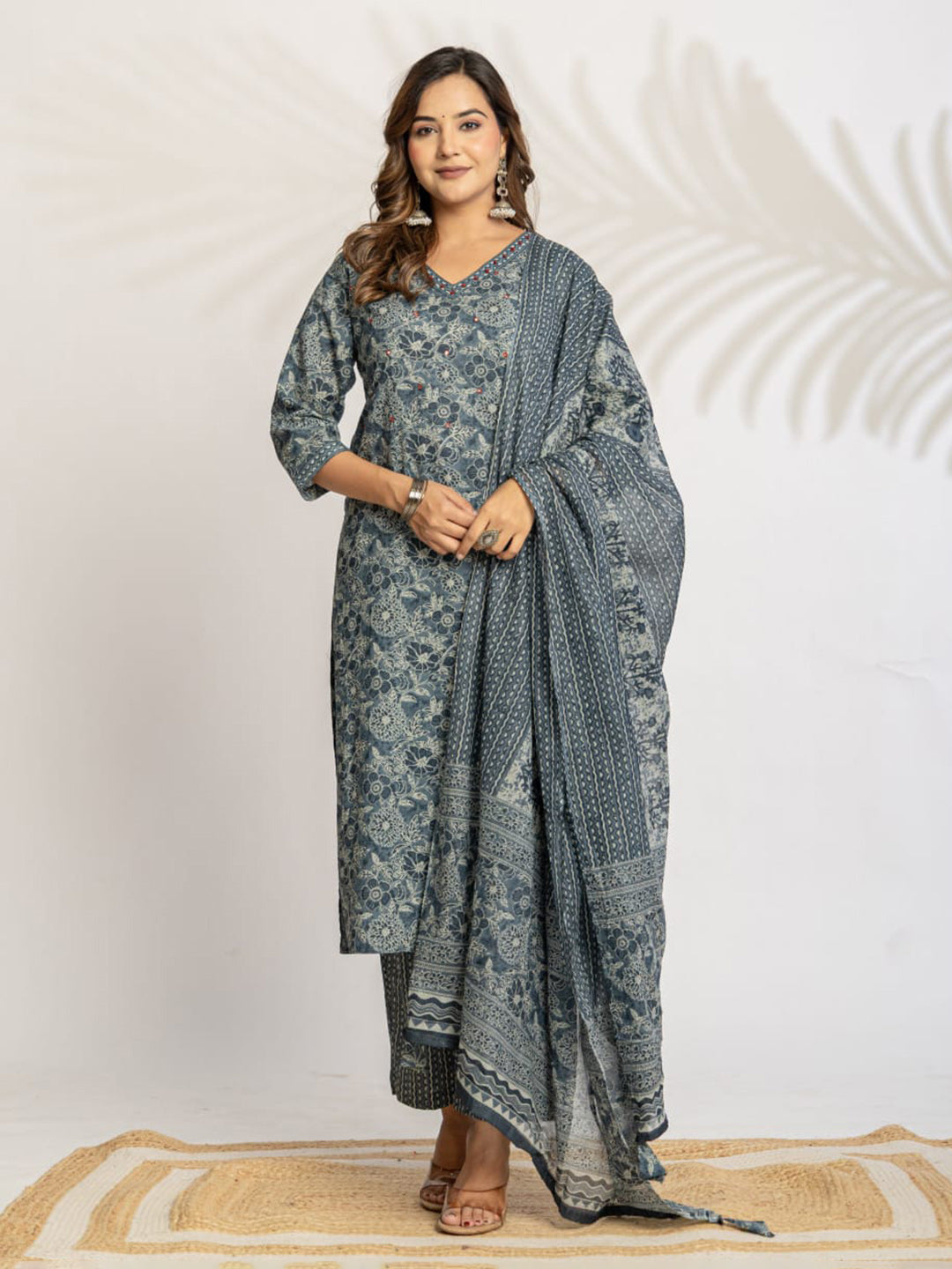 Grey Embroidered Cotton Blend Straight Suit Set With Dupatta
