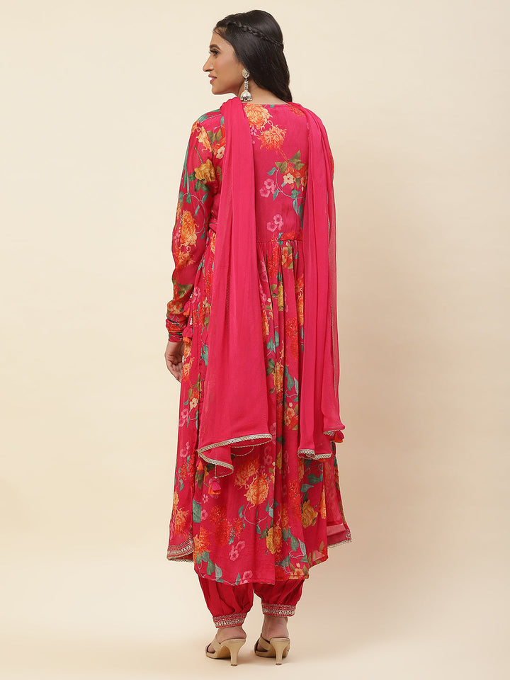 Floral Printed Chiffon Kurta With Pants &amp; Dupatta