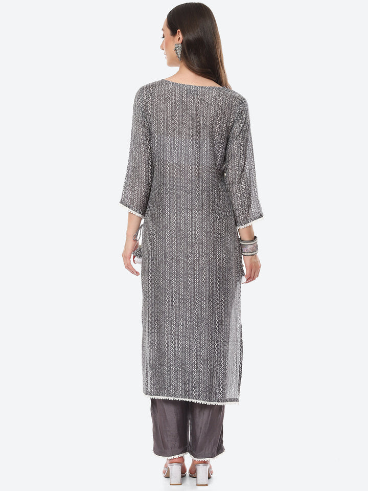 Mirror Neck Embroidered Printed Muslin Kurta With Palazzo