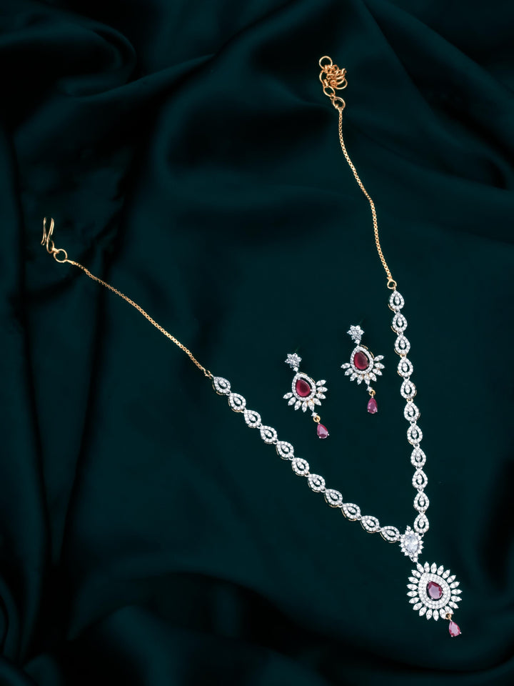 Golden &amp; Pink AD Necklace With Earrings