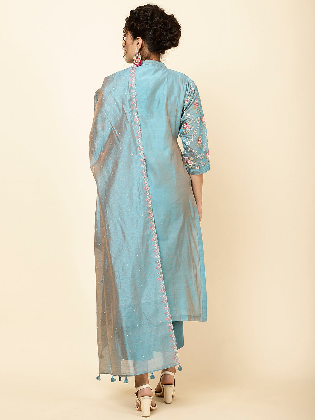 Embroidered Chanderi Kurta With Pants &amp; Dupatta