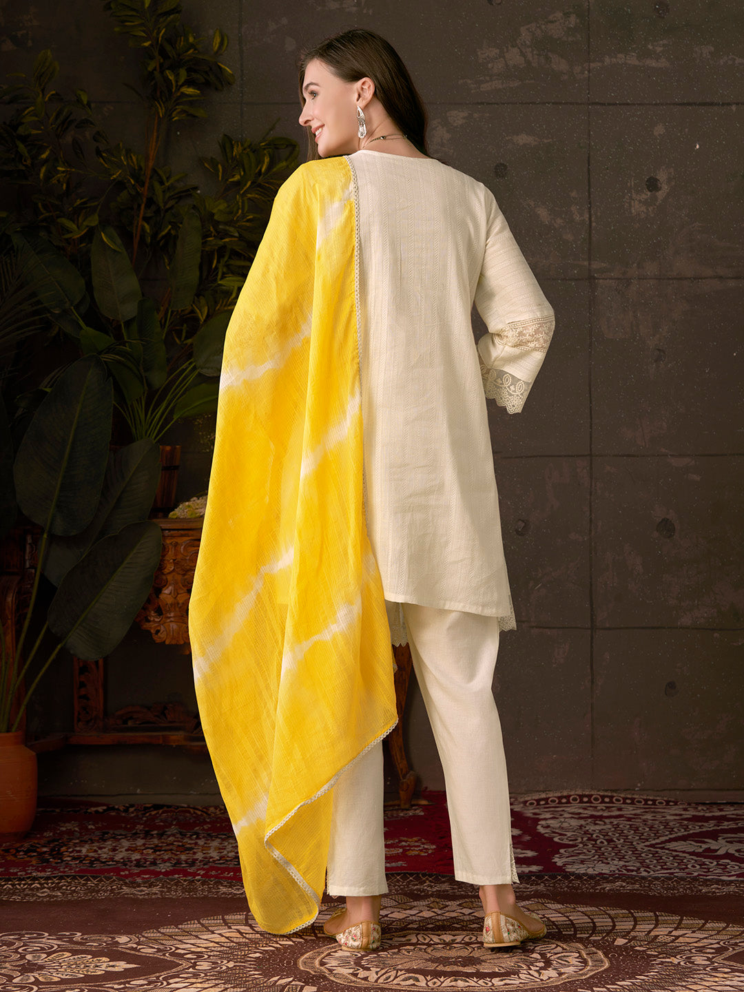 Embroidered Cotton Kurta With Pant &amp; Dupatta