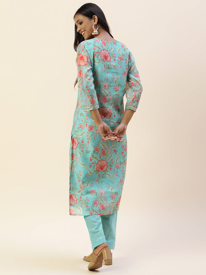 Printed &amp; Yoke Embroidered Chanderi Kurta With Pants