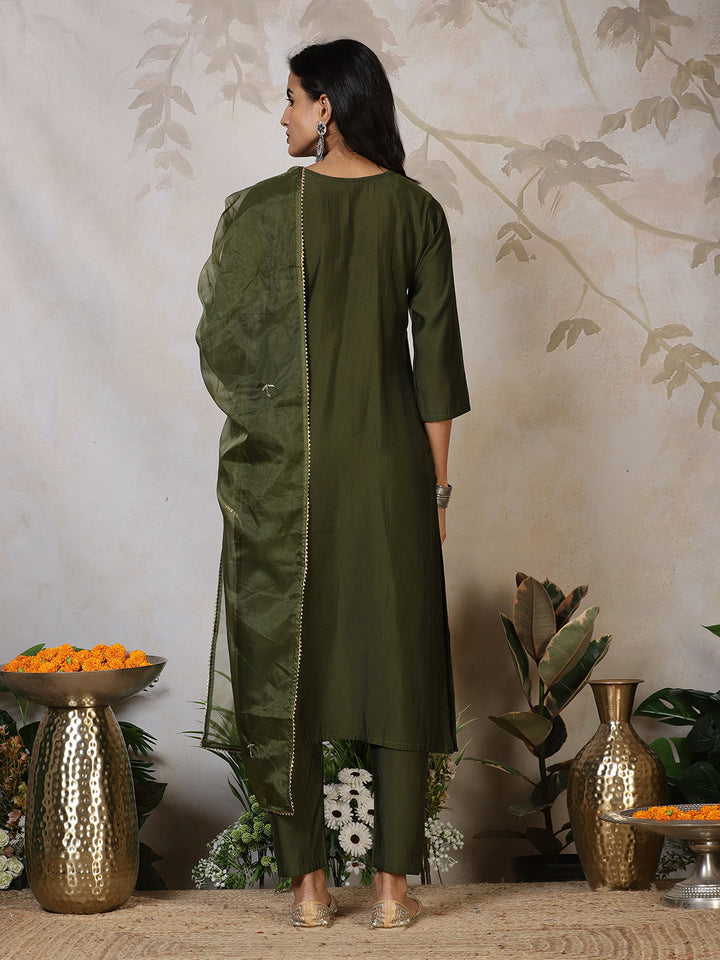 Embroidered Cotton Blend Kurta With Pants &amp; Dupatta