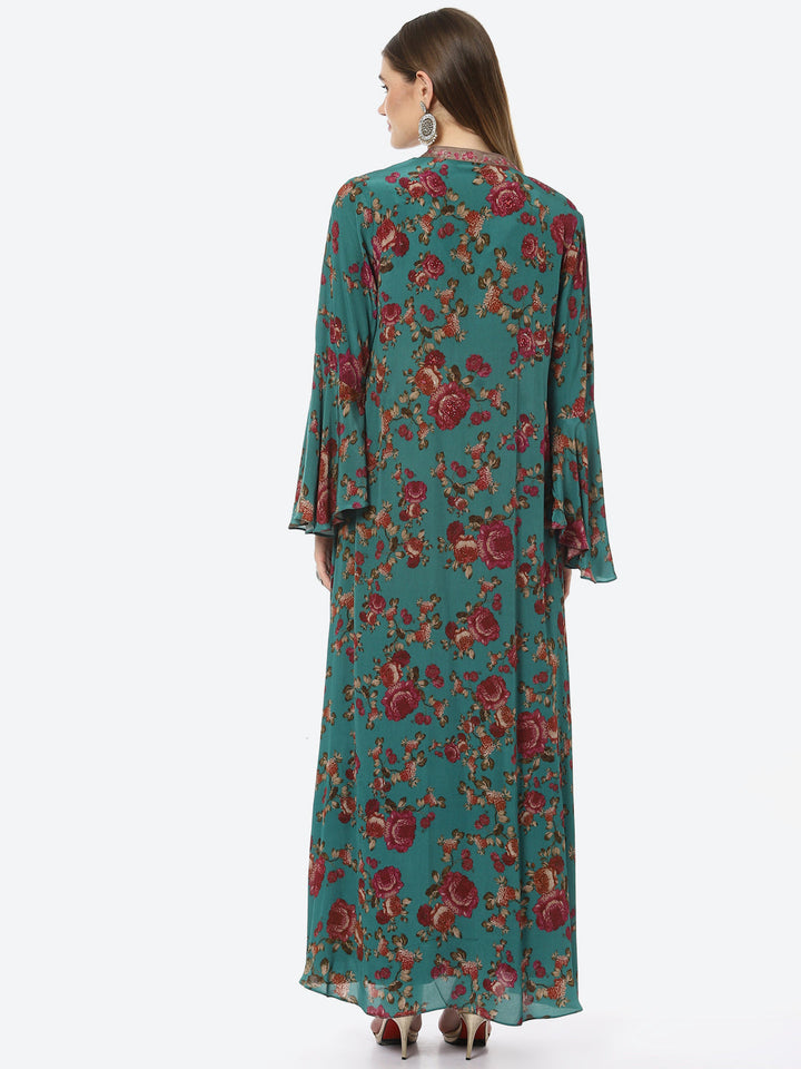 Digital Floral Printed Crepe Crop Top With Sharara &amp; Jacket