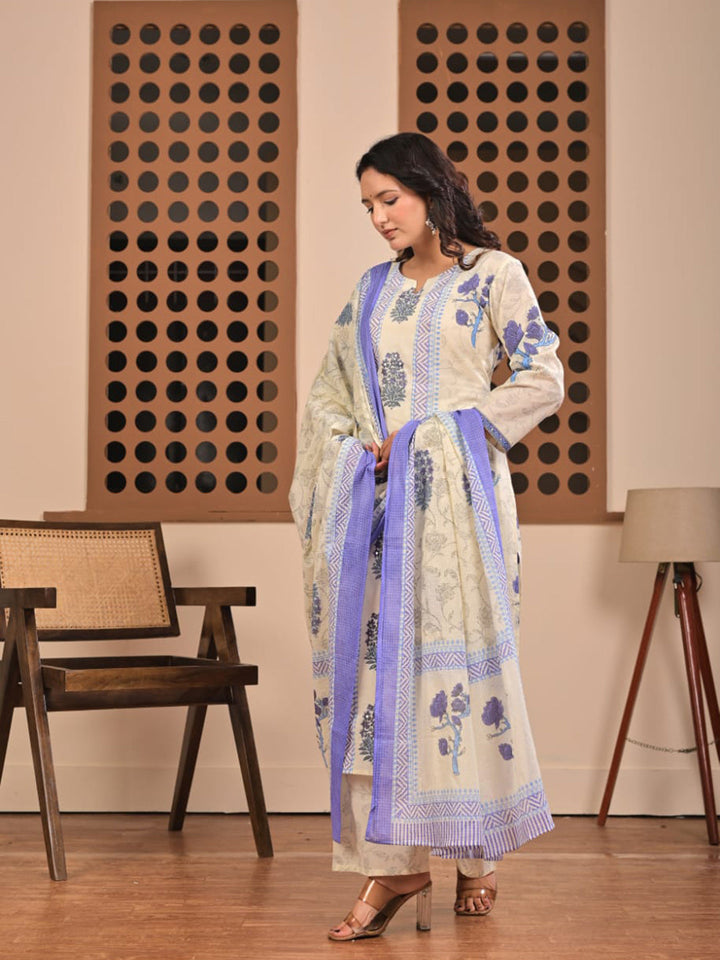 Blue Printed Cotton Blend Straight Suit Set With Dupatta