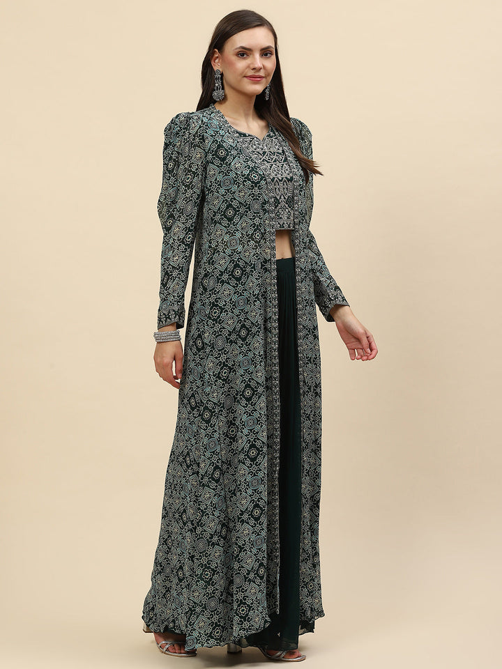 Digital Printed Crop Top Sharara With Dupatta &amp; Jacket