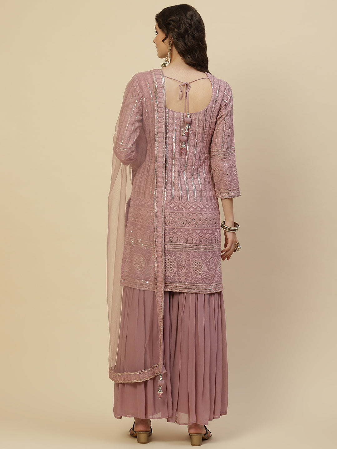 Resham Sequin Embroidered Georgette Kurta With Palazzo &amp; Dupatta