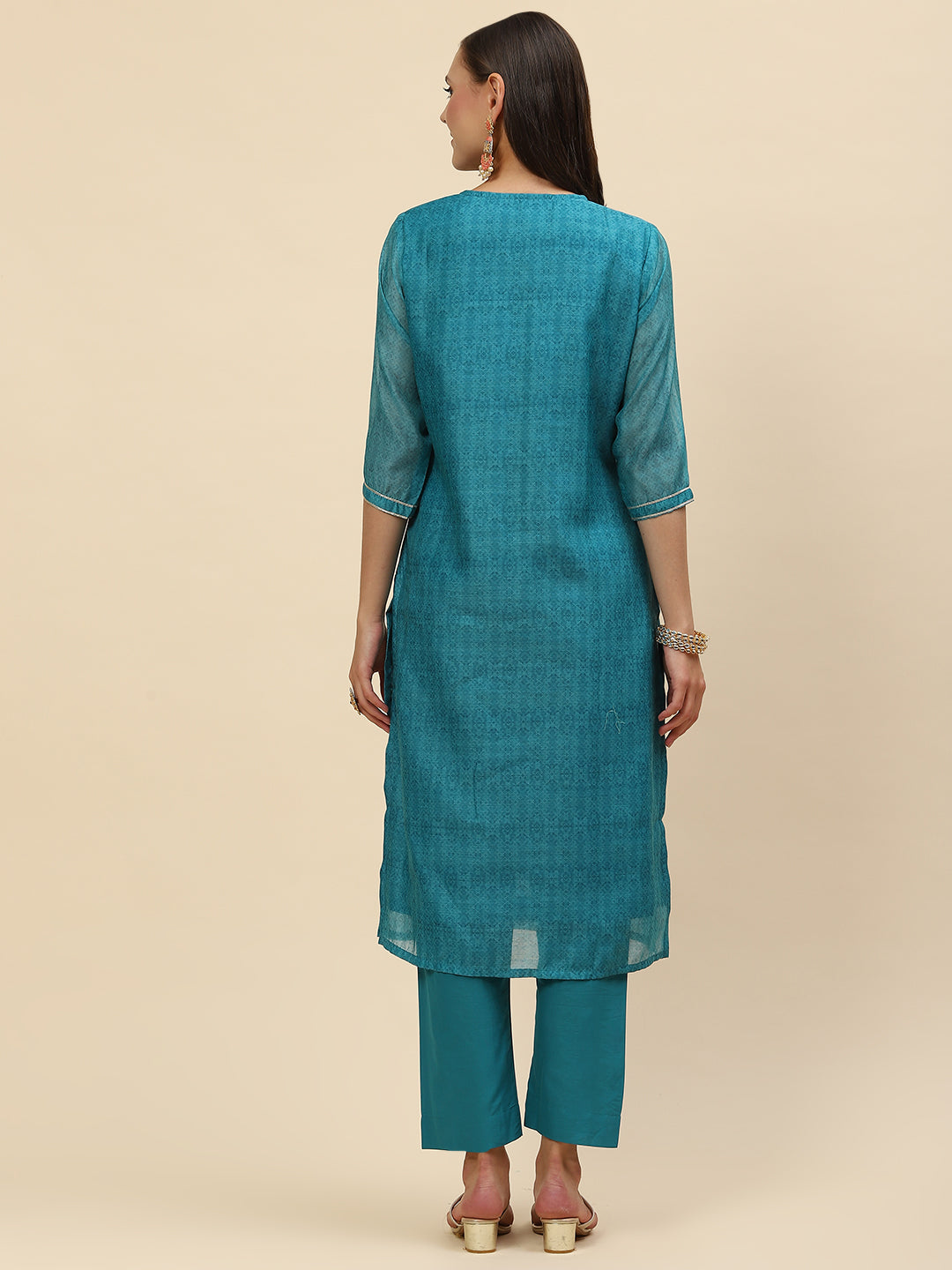 Gota Work &amp; Printed Chanderi Kurta With Pants