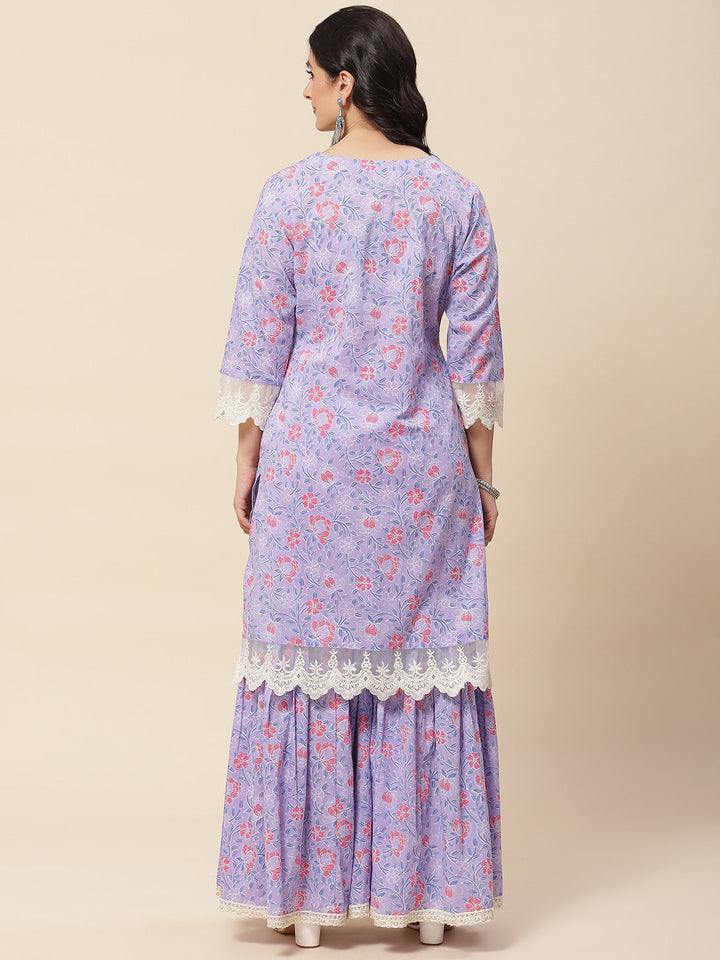 Floral Printed Cotton Kurta With Sharara