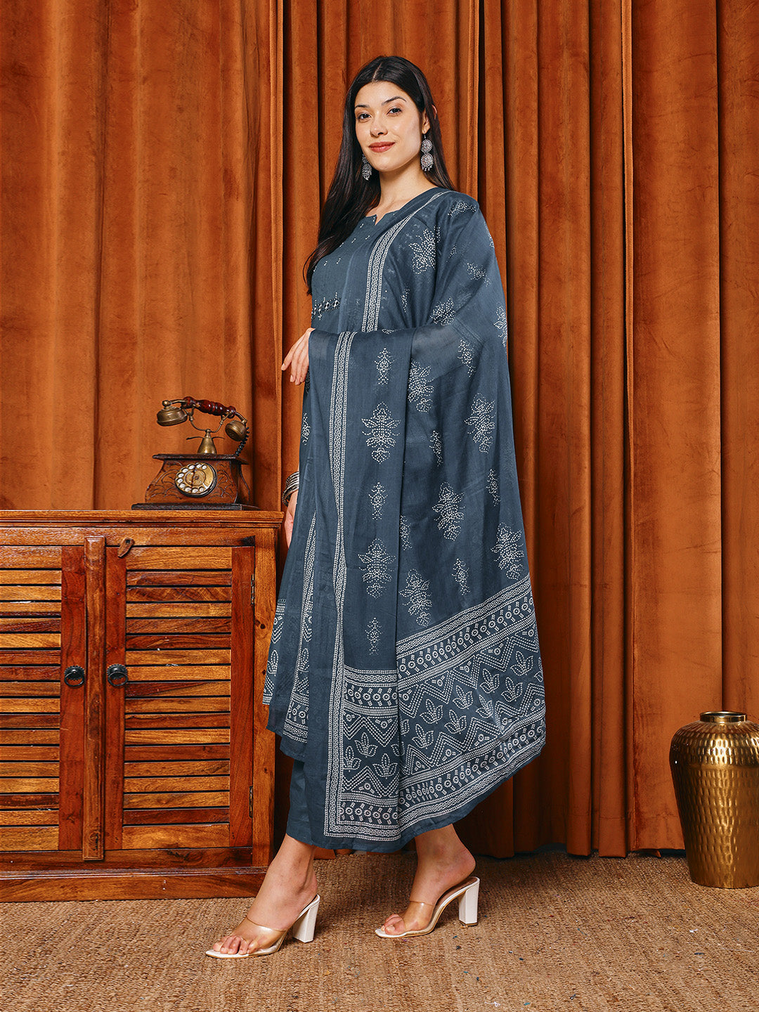 Printed Cotton Blend Kurta With Pants &amp; Dupatta