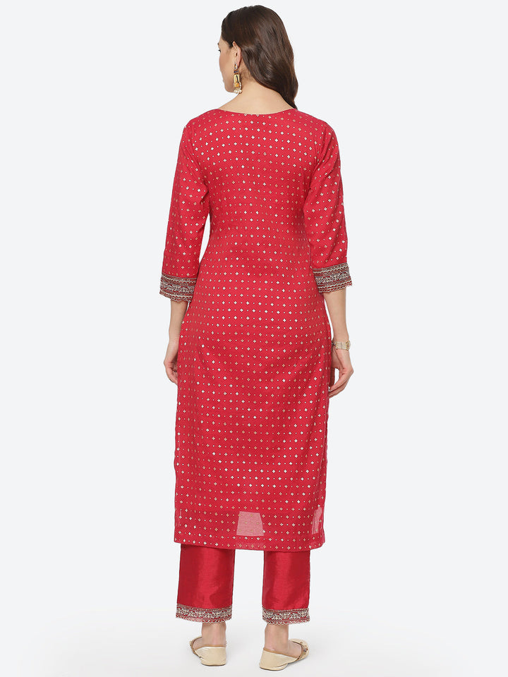 Sequence Neck Zari Embroidered Cotton Kurti With Pant