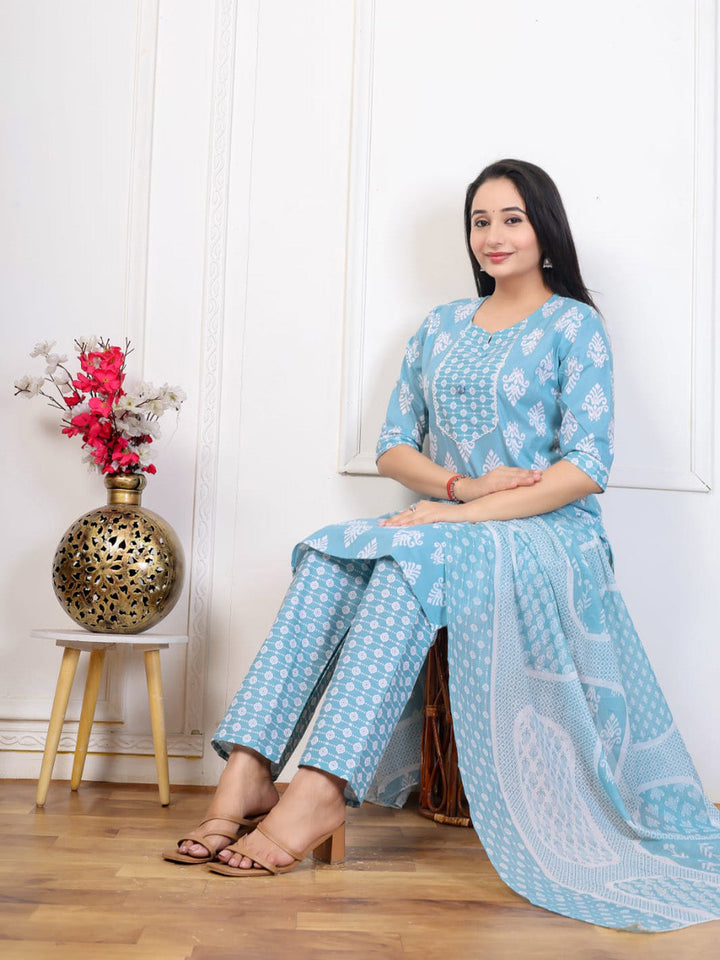 Embroidered Cotton Blend Kurta With Pant &amp; Dupatta