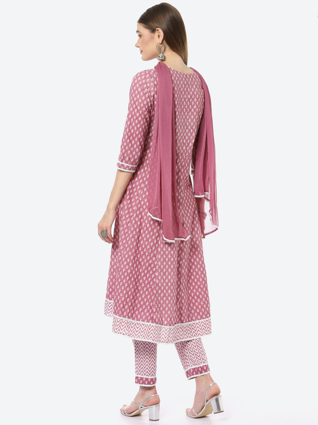 Resham Neck Booti  Printed Cotton A-line Kurta With Pant &amp; Chiffon Dupatta