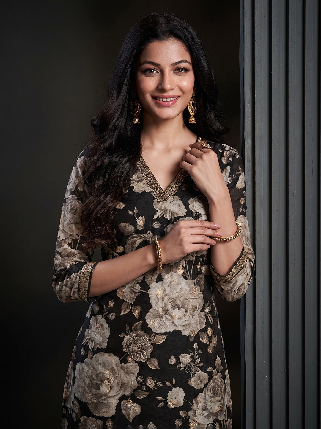 Black Printed Art Silk Kurta With Pant & Dupatta