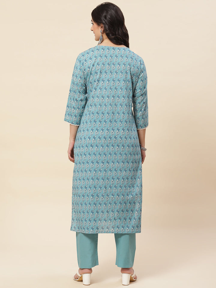 Printed  &amp; Neck Embroidered Cotton Kurta With Pants