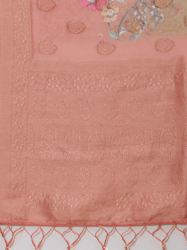 Floral Digital Printed Banarasi Jaal Cotton Saree
