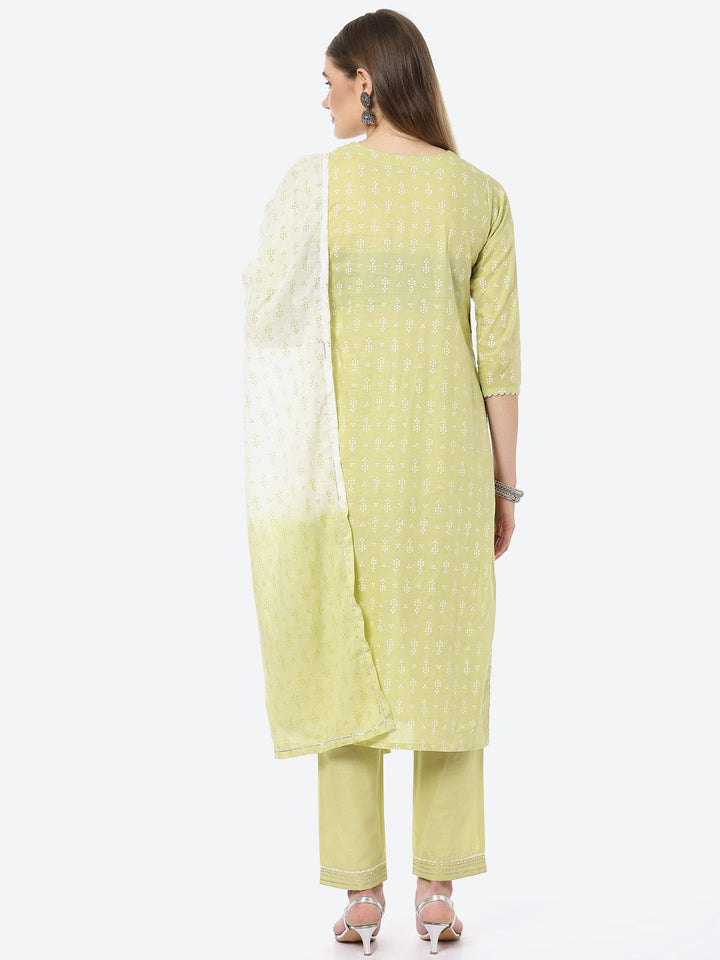 Bandhani Mirror Work Cotton Kurta With Pant &amp; Cotton Dupatta
