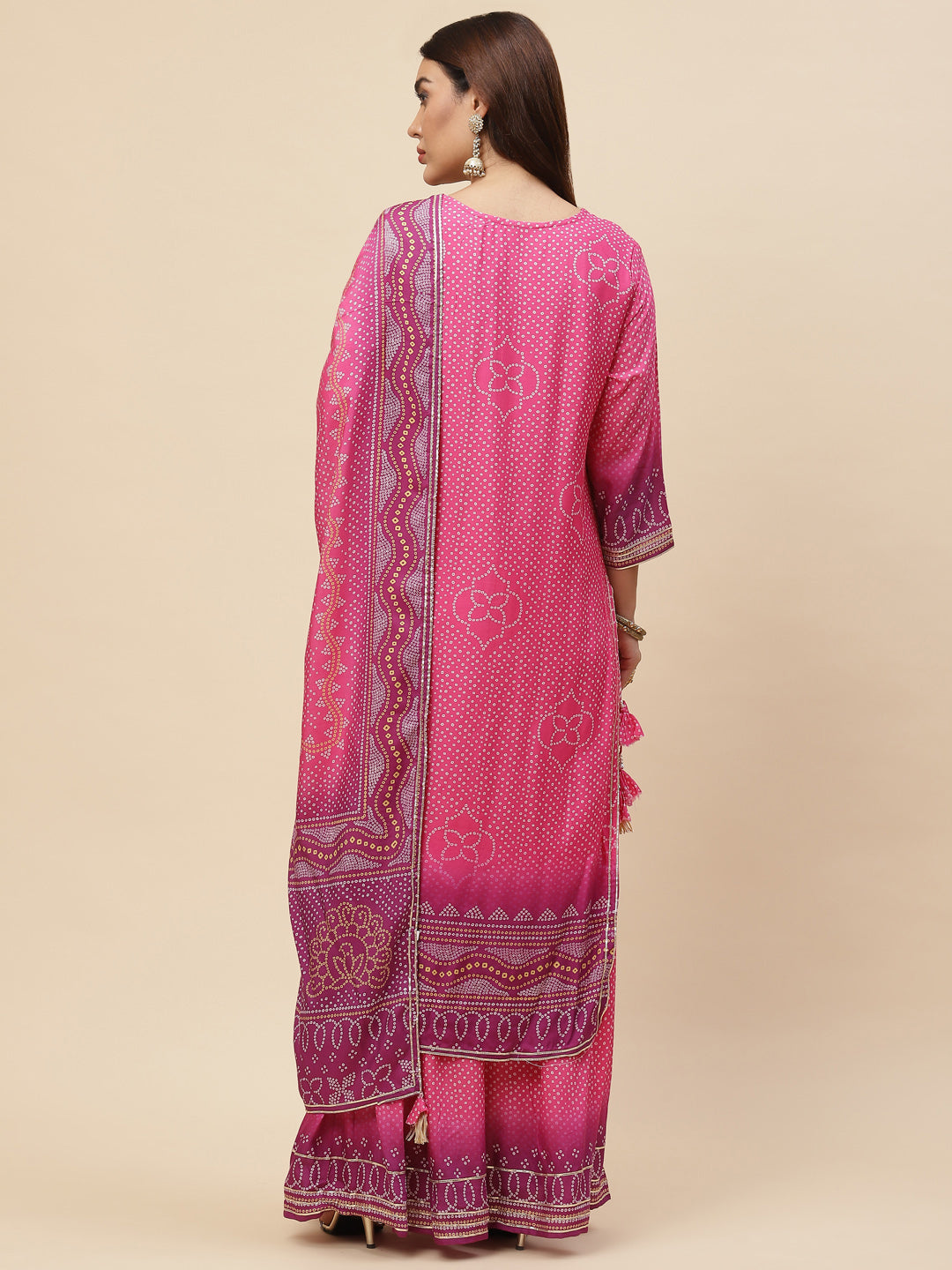 Bandhani Printed Muslin Kurta With Sharara With Dupatta