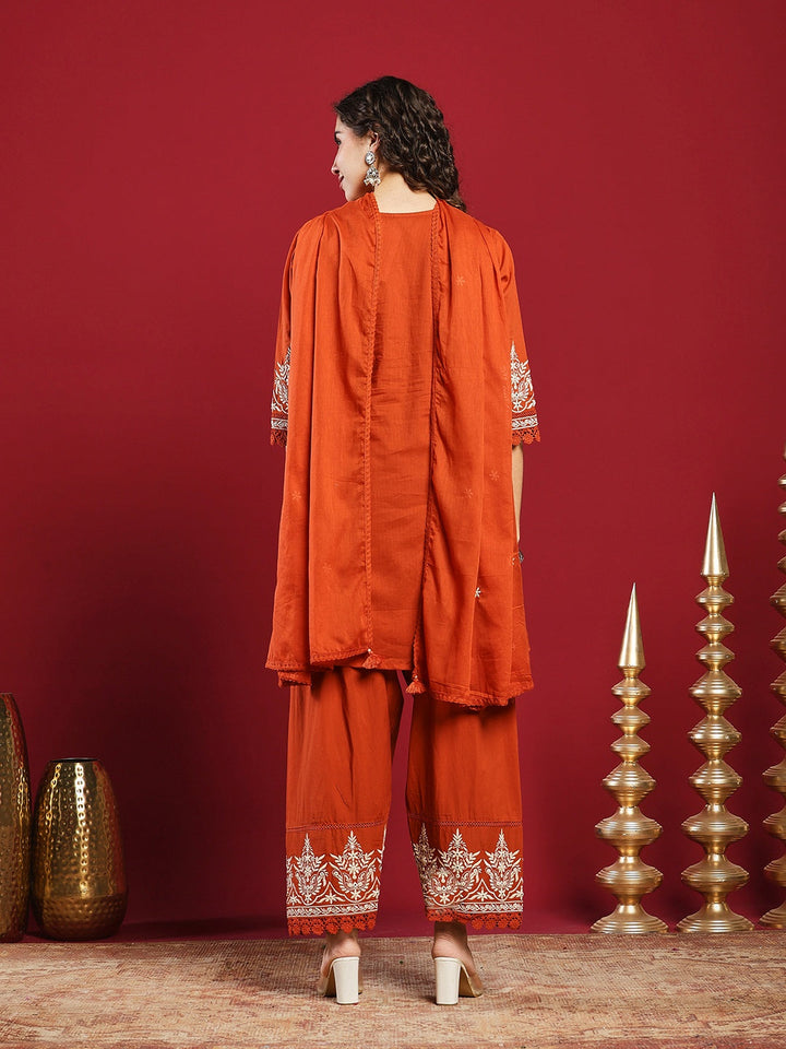 Embroidered Cotton Kurta With Pant &amp; Dupatta