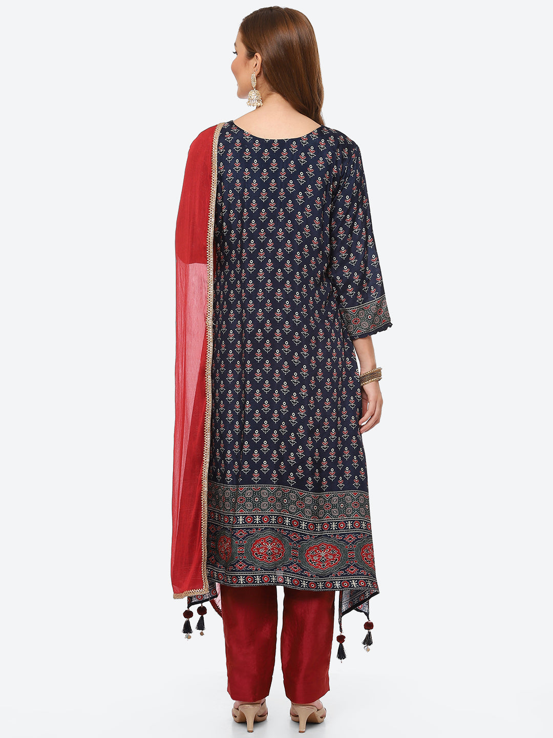 Printed Booti Cotton Kurta With Pant &amp; Chiffon Dupatta